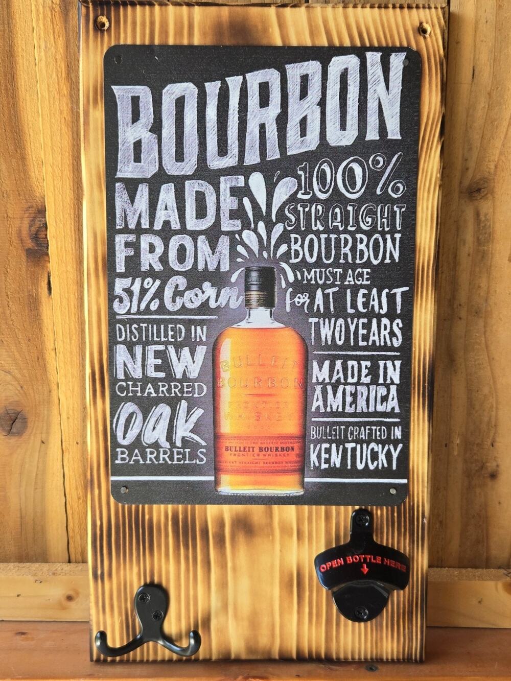 Bourbon Whiskey Sign Mounted on Solid Wood, w/ Hook & Bottle Opener Handmade